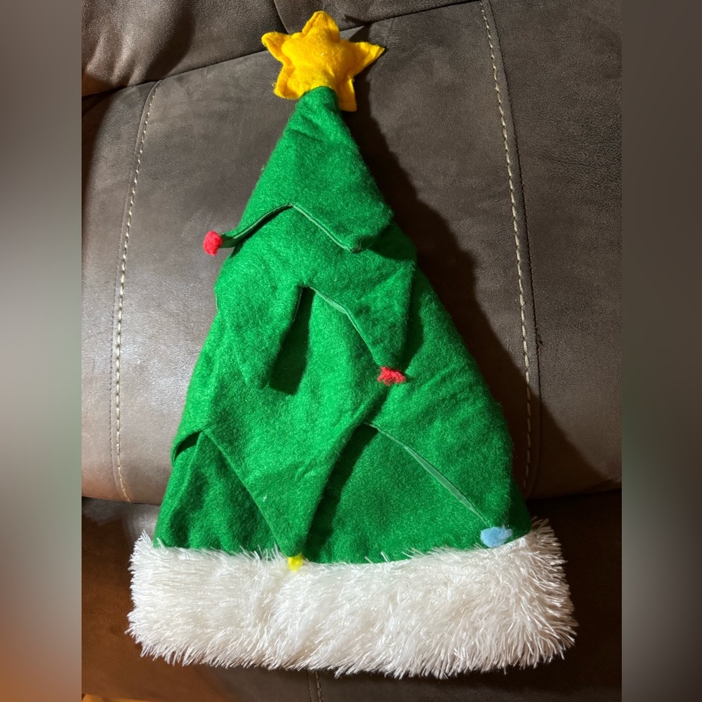 Christmas Hat Christmas Tree Green with White Trim and Multi Color Decorations